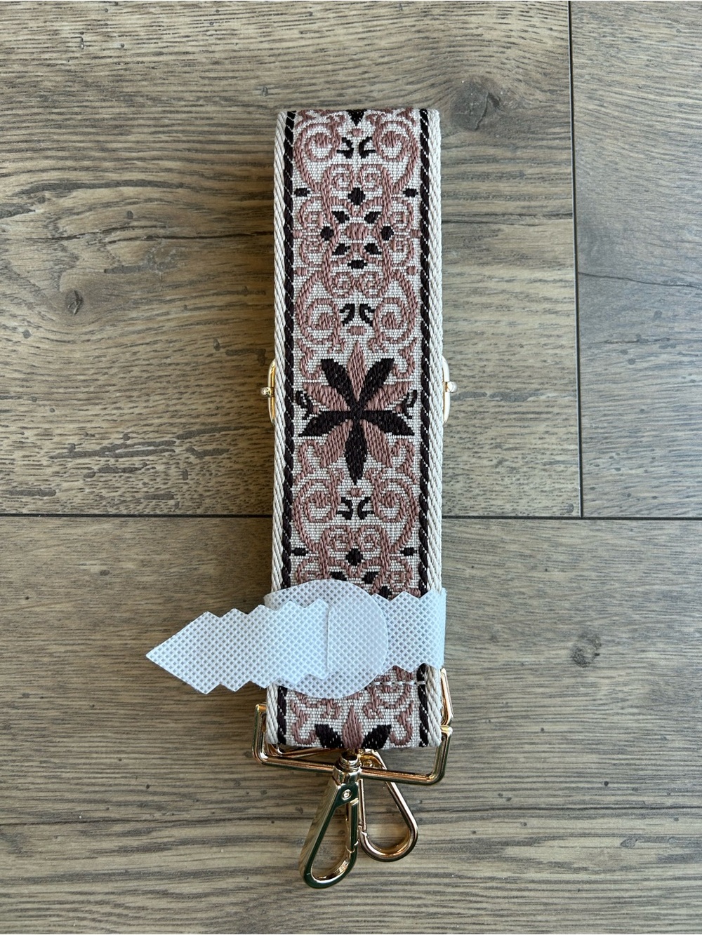 Boho Pink & Brown Embroidered Purse Strap with Gold Hardware